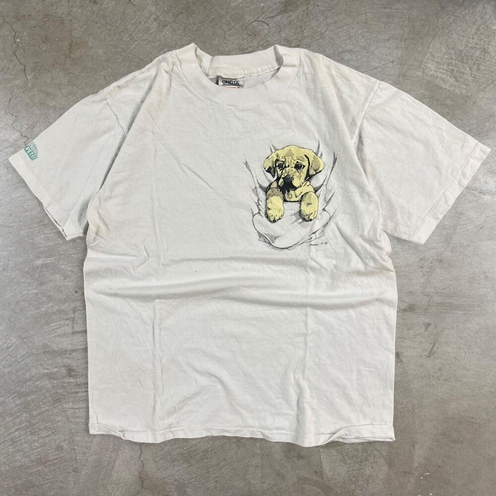Vintage 90s Oneita Power-T White Cotton T-Shirt with Yellow Dog Graphic